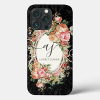 Floral Pink Black Elegant Vintage Monogram Script