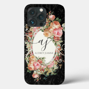 Floral Pink Black Elegant Vintage Monogram Script iPhone 13 Pro Case