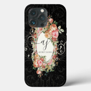 Floral Pink Black Elegant Vintage Monogram Script iPhone 13 Pro Case