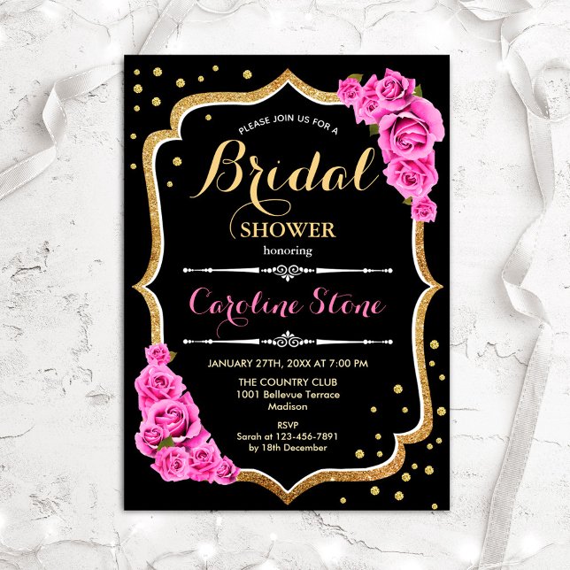 Floral Pink Black Gold Bridal Shower Invitation (Creator Uploaded)
