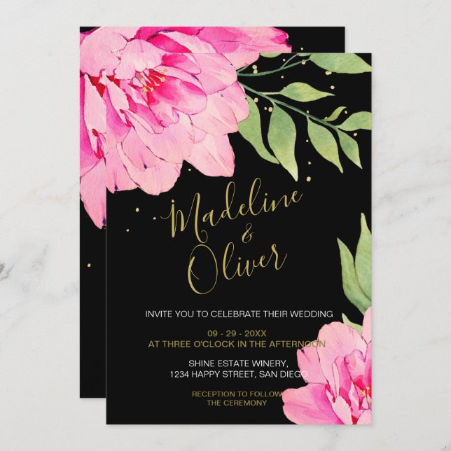 Floral Pink Black Gold Modern Chic Rose Wedding Invitation (Front/Back)