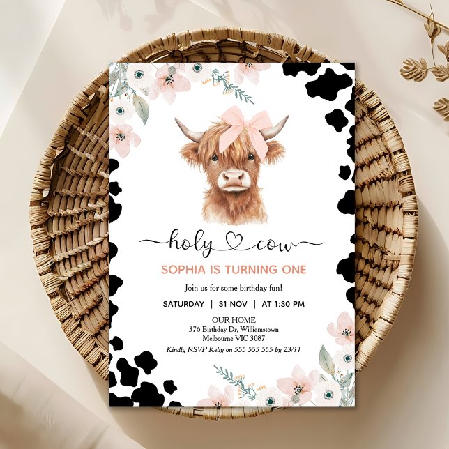 Floral Pink Black Highland Cow Holy Cow Birthday Invitation (Holy Cow Birthday Invitation, Highland Cow Birthday Invitation, Floral Holy Cow Invitation Template)