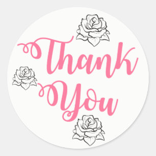 Floral Pink, Black Thank You Rose Flower Wedding Classic Round Sticker
