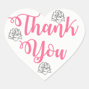 Floral Pink, Black Thank You Rose Flower Wedding Heart Sticker