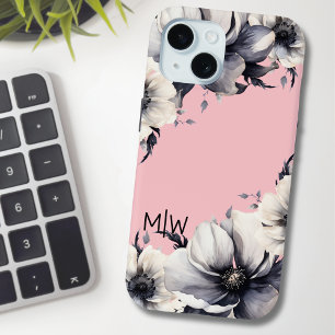 Floral Pink Black White Monogram iPhone 15 Case