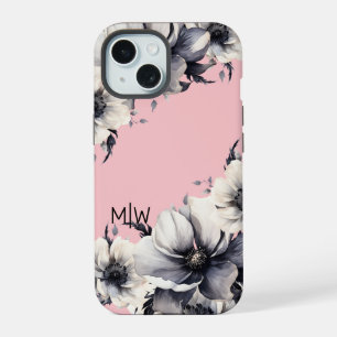 Floral Pink Black White Monogram iPhone 15 Case