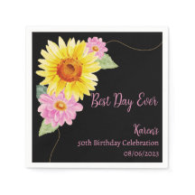 Floral Pink Black Yellow Monogram Birthday Napkins