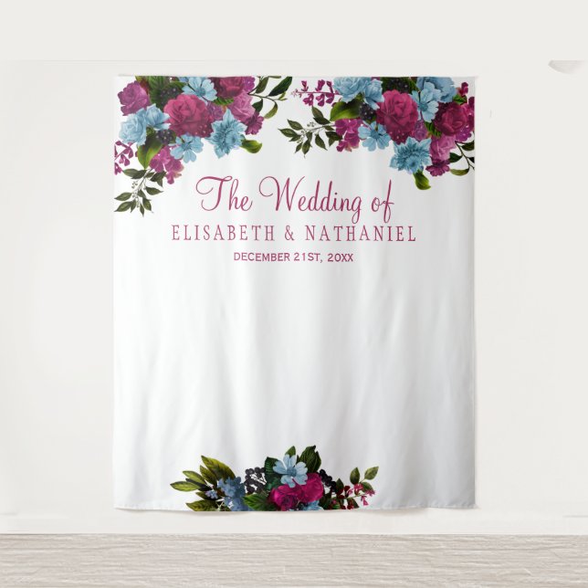 Floral pink blue chic wedding photo booth backdrop tapestry (Front)
