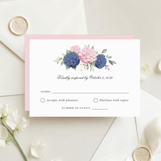 Floral Pink & Blue Hydrangea Wedding RSVP Card (Creator Uploaded)