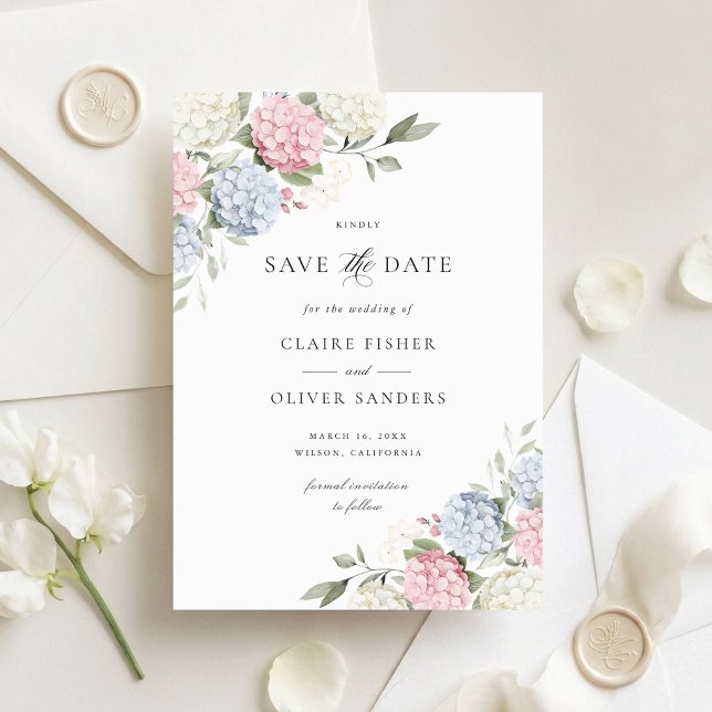 Floral Pink & Blue Hydrangea Wedding Save the Date Invitation (Creator Uploaded)