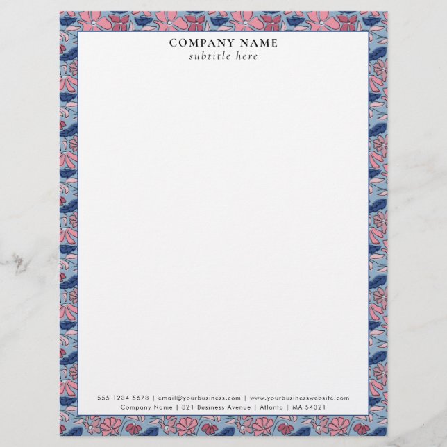 Floral Pink Blue Pattern Company Name Details Custom Letterhead (Front)