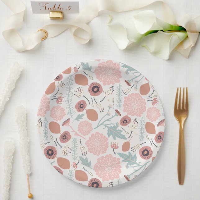 Floral Pink Blue Pattern Paper Plate (Wedding)