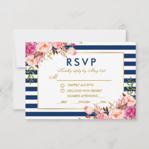 Floral Pink Blue Stripes Wedding RSVP Meal Card