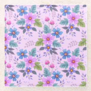 Floral Pink Blue Violet Flowers Pattern-36841 Glass Coaster