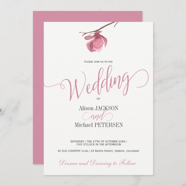 Floral pink blush and white wedding modern script invitation (Front/Back)