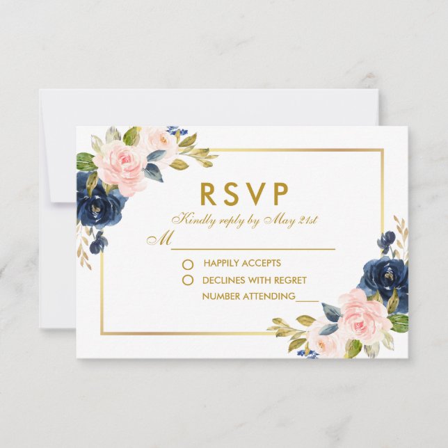 Floral Pink Blush Blue Wedding RSVP Gold (Front)