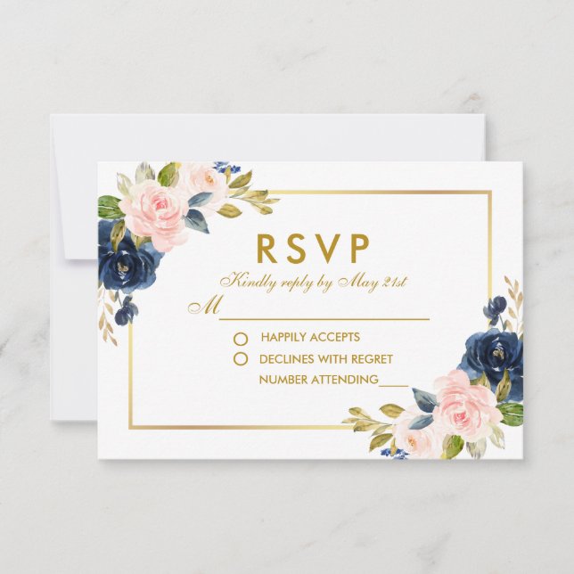 Floral Pink Blush Blue Wedding RSVP Gold Card (Front)