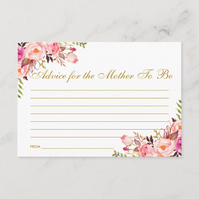 Floral Pink Blush Gold Baby Shower Advice Card (Front)