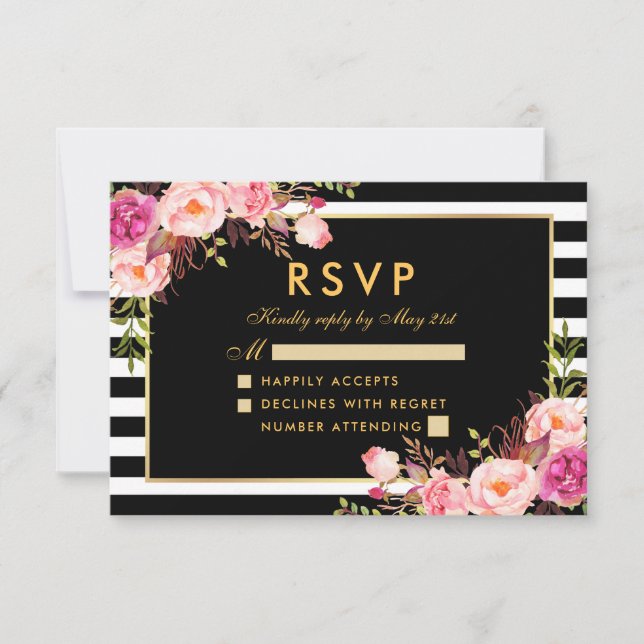 Floral Pink Blush Gold Black RSVP Wedding (Front)