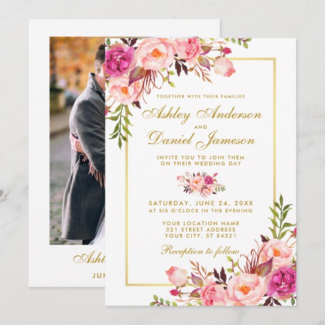 Floral Pink Blush Gold Photo Wedding Invitation (Front/Back)