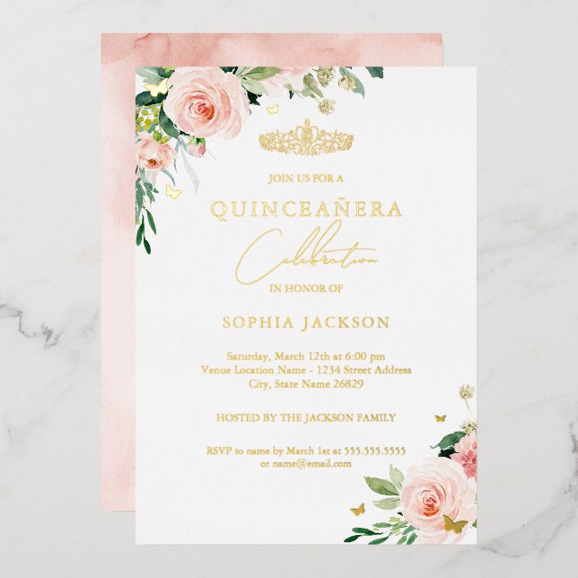 Floral Pink Blush Gold Quinceanera (Front/Back)