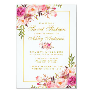 Floral Pink Blush Gold Sweet 16 Birthday Invite