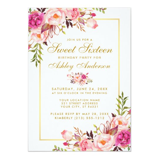 Floral Pink Blush Gold Sweet 16 Birthday Invite
