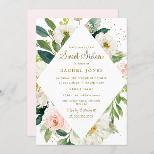 Floral Pink Blush Gold Sweet Sixteen Invite