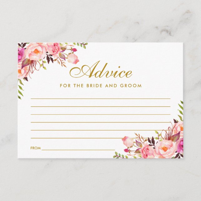 Floral Pink Blush Gold Wedding Advice Card (Front)