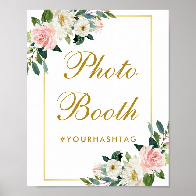 Floral Pink Blush Gold Wedding Photo Booth Poster (Front)