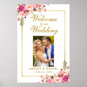 Floral Pink Blush Gold Wedding Welcome Photo Poster