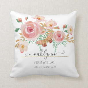 Floral Pink Blush Rose Baby Girl Birth Stats White Cushion