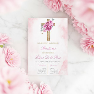 Floral Pink blush with cross baptism  Invitation