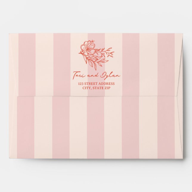 Floral Pink Bouquet Stripe Wedding Envelope (Back (Top Flap))