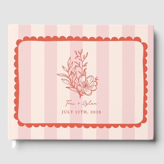 Floral Pink Bouquet Stripe Wedding Guest Book (Front)