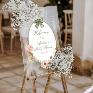 Floral Pink Bow Baby in Bloom Baby Shower Welcome Acrylic Sign