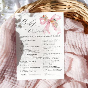Floral Pink Bow Baby Shower Baby Trivia Game
