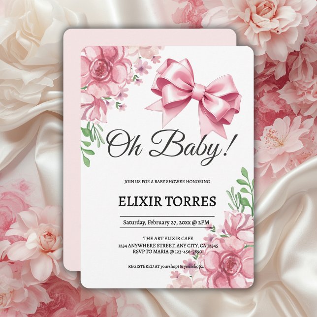 Floral Pink Bow Baby Shower Invitation (Creator Uploaded)