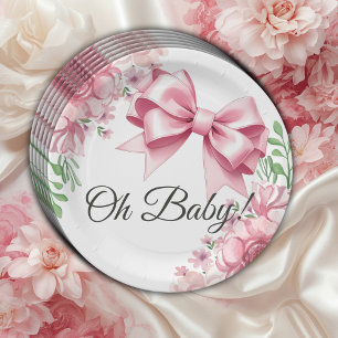 Floral Pink Bow Baby Shower Paper Plate