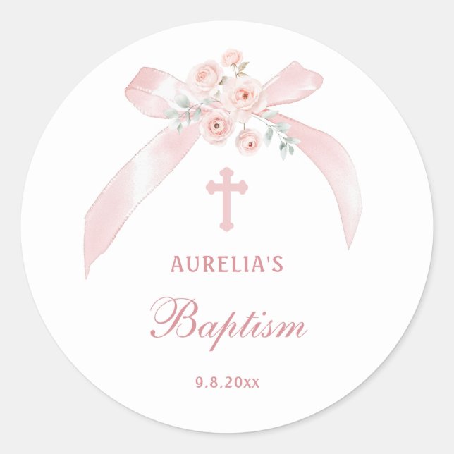 Floral Pink Bow Baptism Classic Round Sticker (Front)