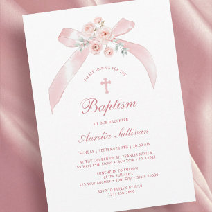 Floral Pink Bow Baptism Invitation