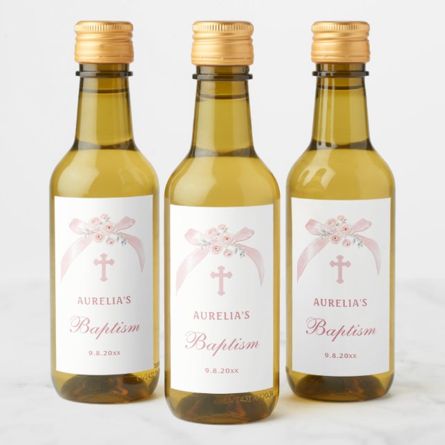 Floral Pink Bow Baptism Mini Wine Label (Bottles)