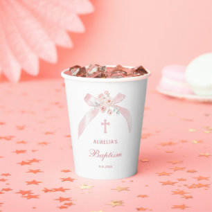 Floral Pink Bow Baptism Paper Cups