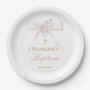 floral pink bow Baptism Paper Plate