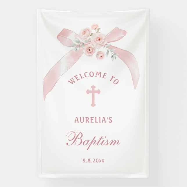 Floral Pink Bow Baptism Welcome Banner (Vertical)