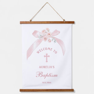 Floral Pink Bow Baptism Welcome Hanging Tapestry