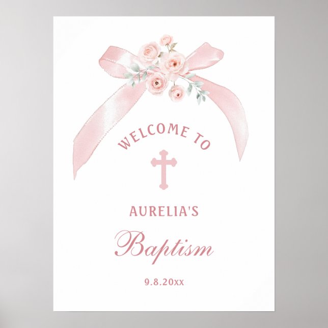 Floral Pink Bow Baptism Welcome Poster (Front)