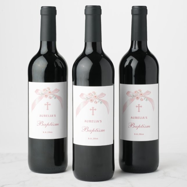 Floral Pink Bow Baptism Wine Label (Bottles)