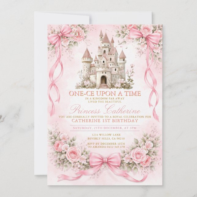 Floral Pink Bow Castle First Birthday Invite (Front)