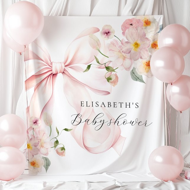 Floral Pink Bow Coquette Baby Shower Backdrop Tapestry (Creator Uploaded)